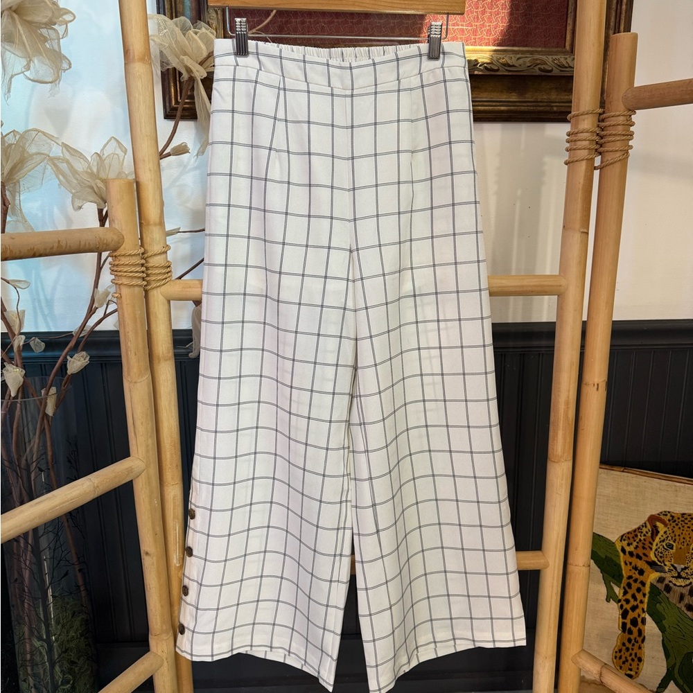 Skies Are Blue Windowpane Plaid Wide Leg Crop Pull On Pants Button Hem Sz S ๐๐ - Picture 2 of 8